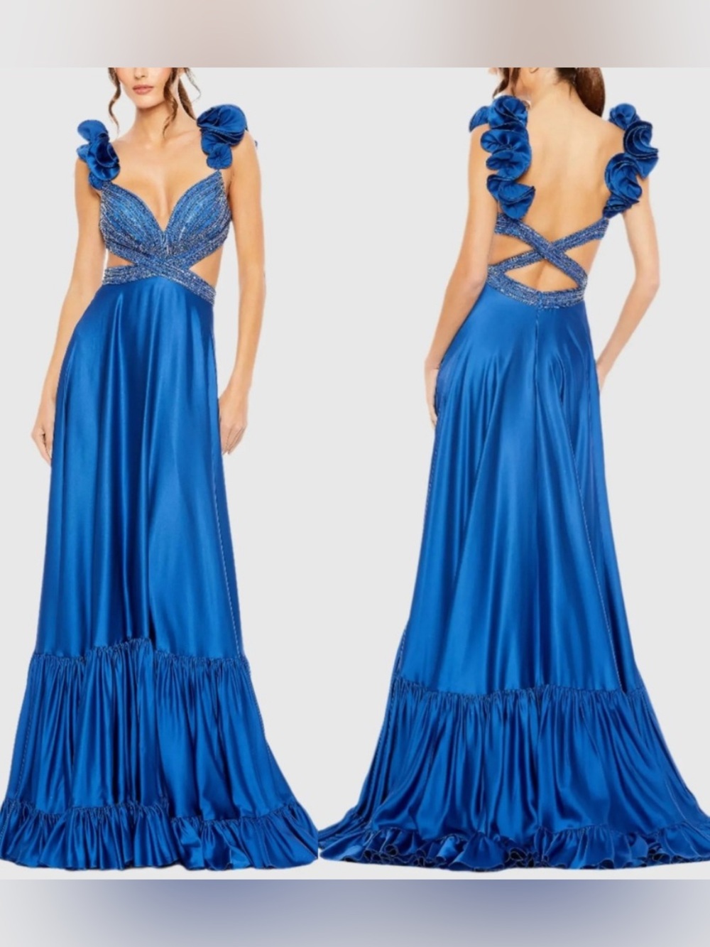 NWT Mac Duggal Beaded Cross Cut Out
50681 Ruffled Strap A Line Gown 12